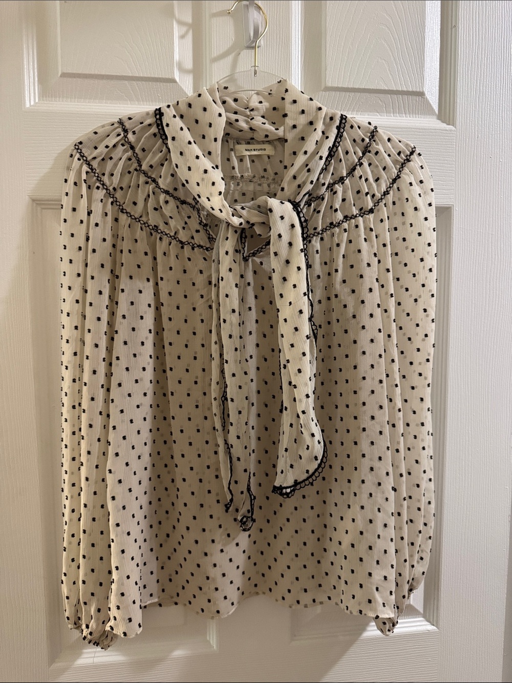 Max Studio Sheer Ivory Dot Tie-Neck Blouse - Women's